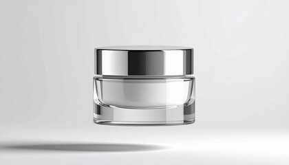 Sleek skincare presentation showcases a luxurious cream jar against a pristine white backdrop, ideal for promoting beauty and wellness products elegantly