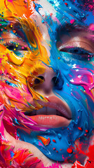 Portrait of a bright, beautiful girl adorned with colorful artistic makeup and intricate body art.