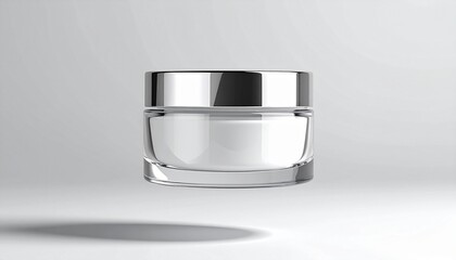 Elegant cosmetic jar with chrome lid on pristine white backdrop perfect for beauty brand mockups or skincare advertising campaigns needing a clean, modern look