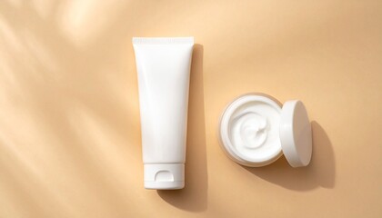 Elegant skincare essentials for youthful glow, featuring moisturizing cream and lotion on neutral background with sunlight shadows, ideal for beauty campaigns