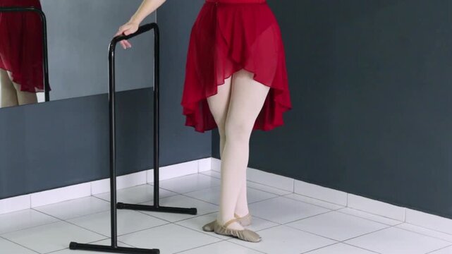 Ballerina performing battement tendu jet&eacute; beside the barre. Ideal for dance tutorial, ballet tutorial, dance lessons and beginner dancer training.