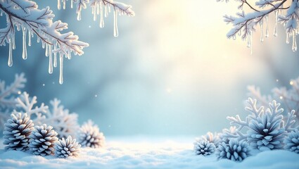 Winterlicher Hintergrund zu Weihnachten mit verschneiten Tannenzweigen, Tannenzapfen und Eiskristallen