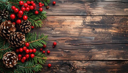 Festive holiday pine boughs and vibrant red berries create a warm Christmas spirit on rustic wood for joyful seasonal designs and cozy holiday cards