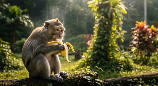A monkey enjoys a banana in a sunlit jungle.