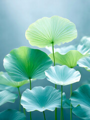 Minimal early-summer scene with a few fresh green lotus leaves glowing in warm sunlight.