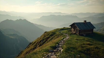 Tranquil Retreat: A weathered wooden cabin sits perched atop a mountain ridge, a serene sanctuary amidst the misty embrace of rolling hills. The scene evokes a sense of peace and isolation.