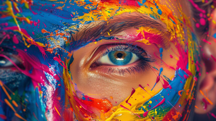 Portrait of a bright, beautiful girl adorned with colorful artistic makeup and intricate body art