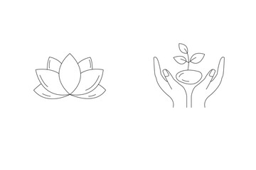Line Art Icons of Lotus Flower and Hands Holding a Growing Sprout