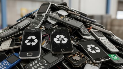 Discarded cellphones awaiting recycling with white recycling symbol