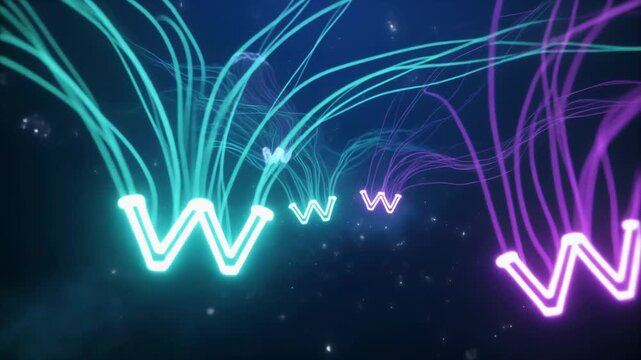 Abstract glowing 'W' symbols traverse a digital tunnel, visualizing http// www com internet data flow, connecting .com and .se domains