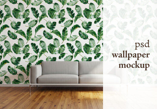 Living room wallpaper behind sofa mockup