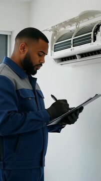 Professional African American technician in a blue uniform inspecting a wall-mounted air conditioner unit while writing on a clipboard, illustrating HVAC maintenance service concepts.