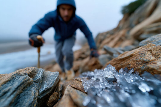 A man skillfully navigating rocky terrain along a misty shoreline, showcasing the intersection of nature and adventure amidst the elements of exploration and perseverance. - Powered by Adobe