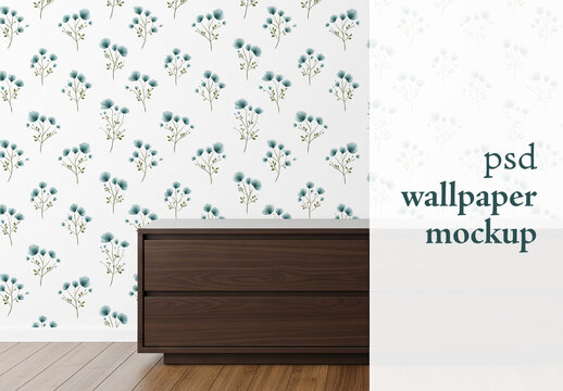 Living room wallpaper behind dressoir mockup