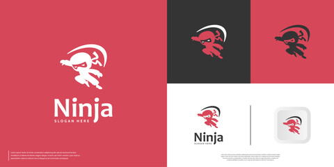 Ninja character logo with a friendly cartoon concept, symbol of struggle, vector graphic illustration.