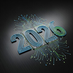 Abstract circuit lines shaping 2026 on black steel background
