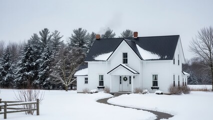 Dreamy winter escape: White farmhouse nestled in snowy wonderland scene