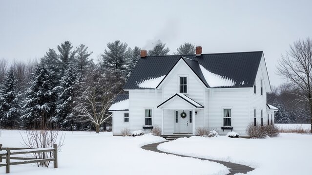 Dreamy winter escape: White farmhouse nestled in snowy wonderland scene