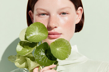 A minimalist portrait of a young woman holding fresh green leaves, showcasing her clear skin and freckles against a soft pastel background.