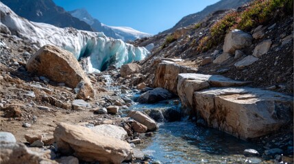 Glacial meltwater stream flowing past large rocks near an icy blue glacier terminus