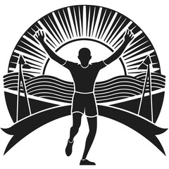 Silhouette of a triumphant runner crossing the finish line with arms raised in victory