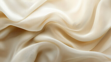 A close-up of soft, flowing beige fabric with gentle waves, showcasing a luxurious and silky texture in a delicate, neutral tone.