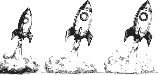 Rocket launch sketch, hand drawn style, three rockets blasting off with smoke clouds. Vector illustration