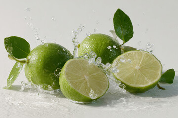 A vibrant, high-resolution image of fresh limes, whole and sliced, splashing in water. The scene is bright and dynamic, showcasing the freshness of the fruit.