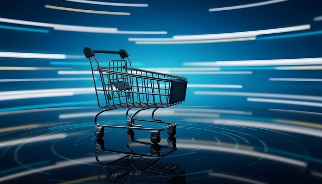 Miniature shopping cart on a futuristic digital background with glowing light streaks, symbolizing fast e-commerce and online transactions.
