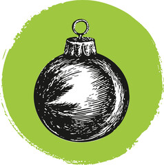 Fototapeta premium Christmas ornament ball sketch, hand drawn style, isolated on green circle background. Vector illustration
