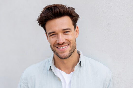 A vibrant portrait of a smiling man with tousled hair, wearing a light shirt against a simple white background. The image conveys a cheerful and approachable vibe.
