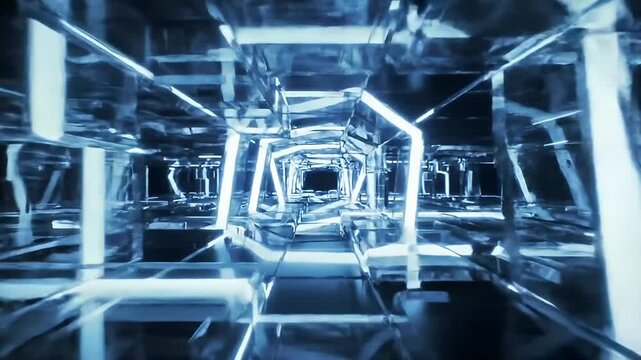 Futuristic glass tunnel corridor with blue neon light reflection loop