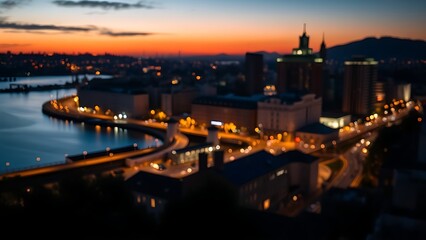 Naklejka premium Twilight cityscape with glowing buildings reflected on calm water, creating a peaceful urban ambiance.
