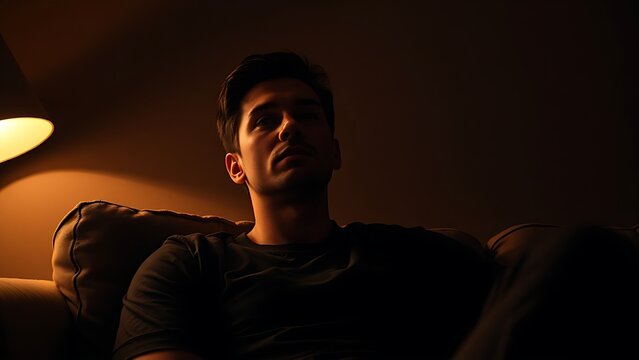 A man sitting thoughtfully on a couch in dim light, capturing a quiet and introspective moment.