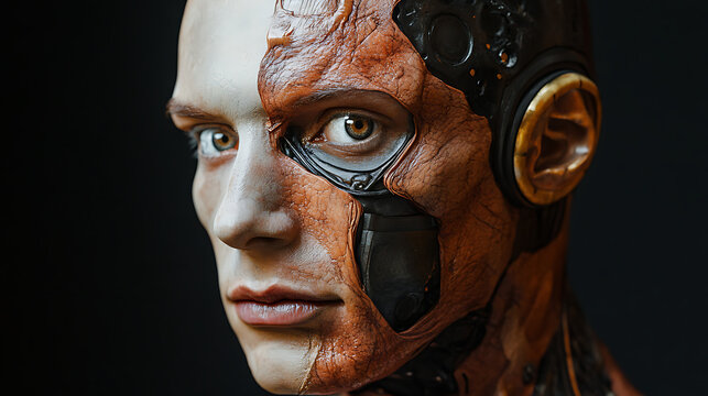 Half-human face transitioning into high-tech armor and artificial tissue 