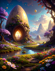 A colorful landscape with a large egg-shaped building in the middle