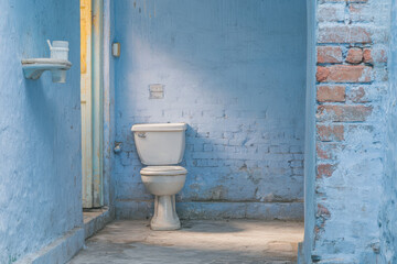A serene bathroom with a white toilet against a blue brick wall, featuring a rustic vibe and soft natural light pouring in.