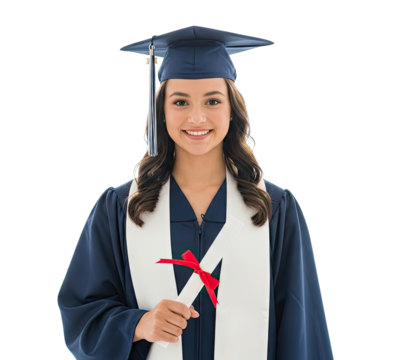 A young woman in a graduation gown holding a diploma.