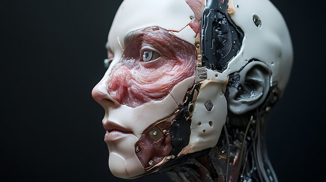 Half-human face transitioning into high-tech armor and artificial tissue 