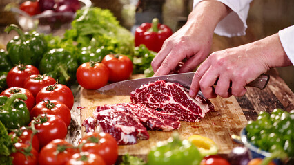 A person is cutting meat on a cutting board