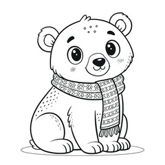 Illustration of a cute bear wearing a patterned scarf sitting down with adorable big eyes and small nose