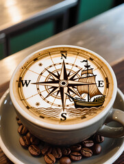 A coffee cup with a compass on it and a ship on it