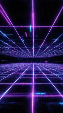 Seamlessly looping motion graphics of a vibrant neon magenta and cyan digital grid expanding into an infinite futuristic space data, loopable, corporate