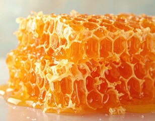 A piece of honeycomb with honey dripping from it