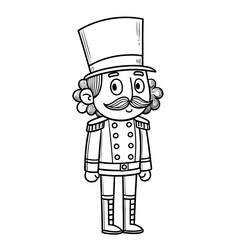 Illustration of a cartoon nutcracker with a top hat and curly hair standing upright in black and white