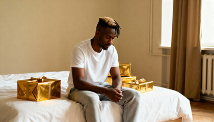 Sad African American man sitting on bed with gold gifts. Disappointed young male feeling lonely on birthday or Christmas. Depression and mental health concept