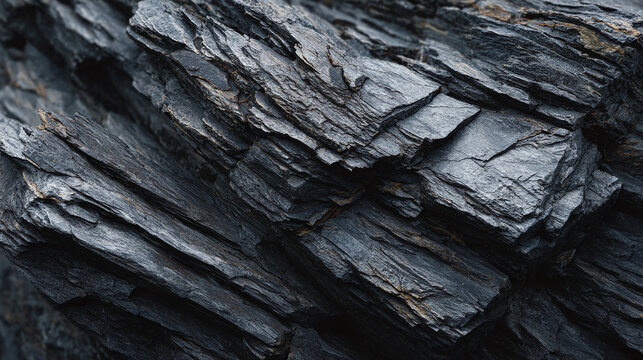 Close-up of weathered slate rock formation showing layers and textures 