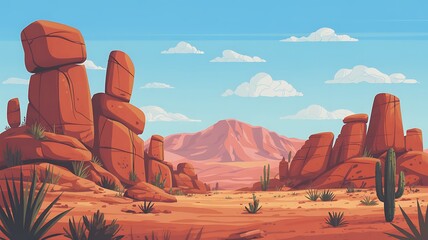 Arid Desert Landscape with Towering Red Rock Formations and Cacti red rocks
