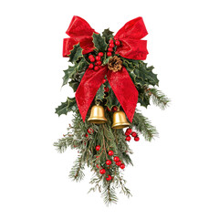 A festive Christmas wreath with a red bow, holly leaves, and berries on a png transparent