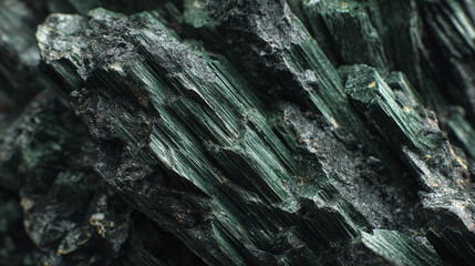 Fototapeta premium Close-up shot of a rough mineral rock, showcasing its detailed textures and natural beauty. The rock is a dark greenish-blue color, its facets catching the light